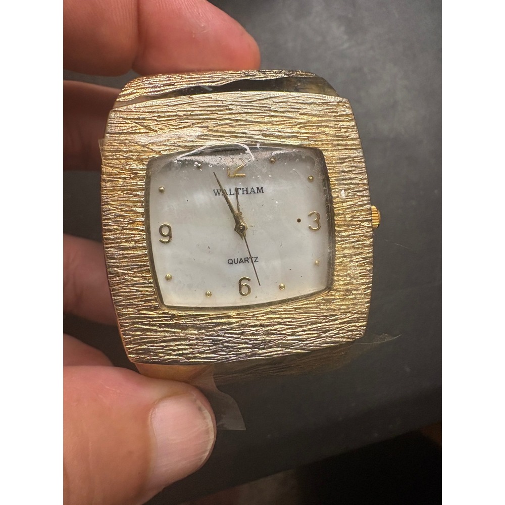 Waltham Gold Tone Textured Cuff Watch Mother of Pearl Dial WAW153 Quartz